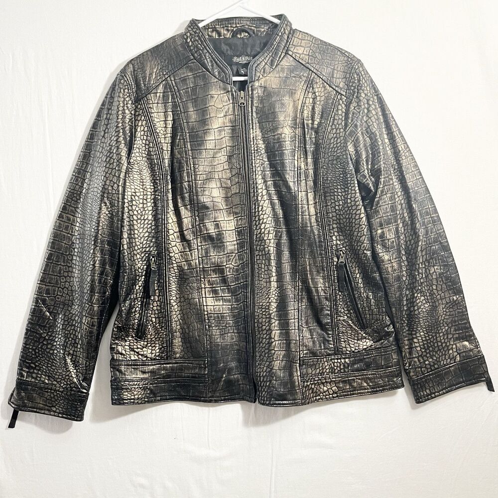 Peck & Peck Collection Black Gold leather jacket Sz XL Full Zip With Pockets
